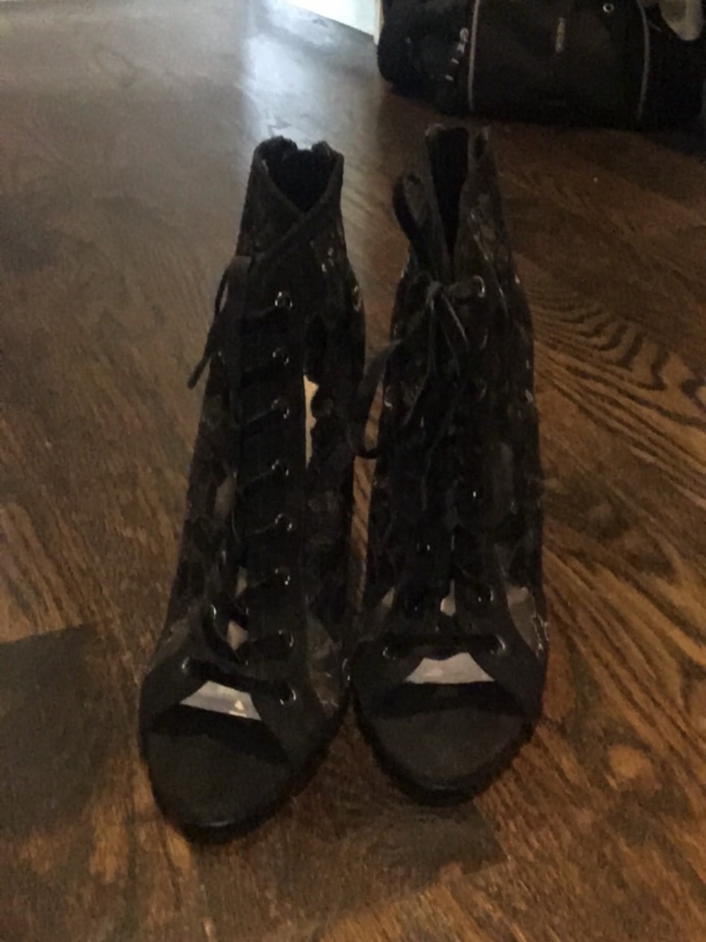 Zara Black Lace-Up Cutout Peep-Toe Ankle Booties